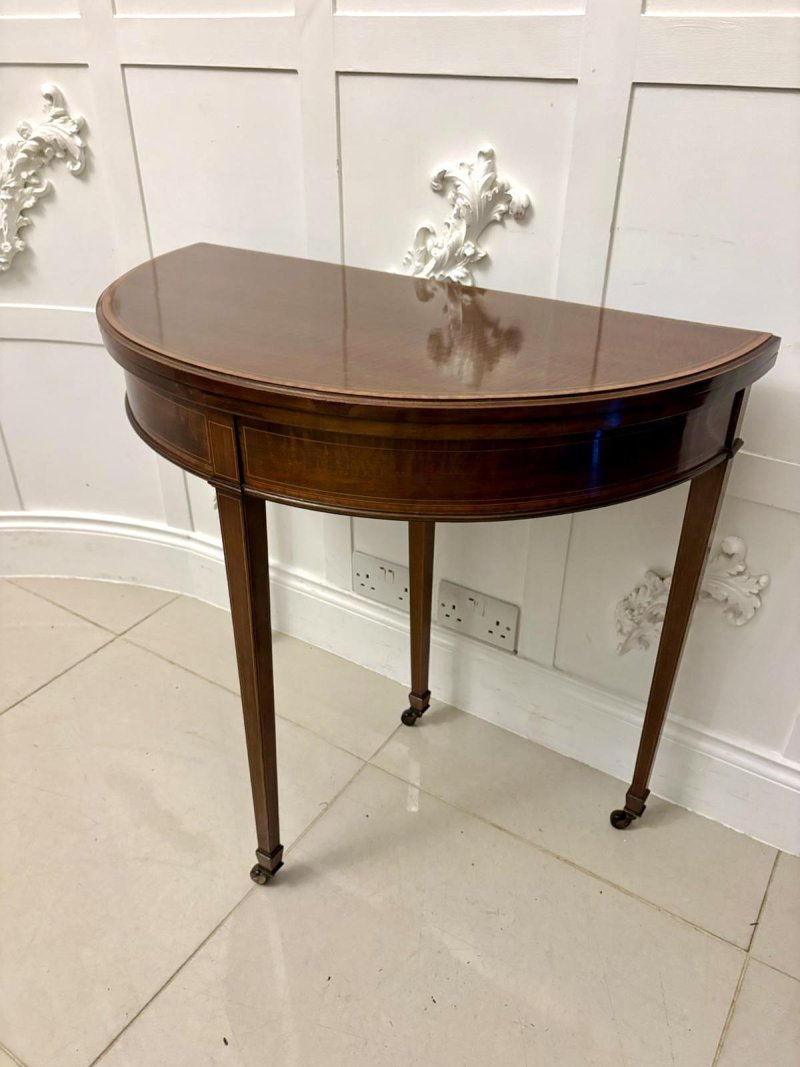 Elegant Late Victorian Antique Mahogany and Satinwood Inlaid  Demi-Lune Card/Console Table